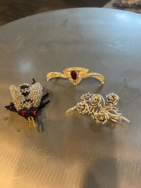 Gold and Silver Floral & Insect Brooch Set with Red Accents all vintage
